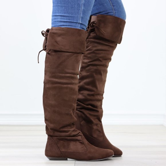 Fold Over Brown Thigh High Over The Knee Flat No Heel Boots Faux Suede Pointed - Picture 3 of 14